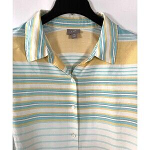 J. Jill Silk Top 2X Button Up‎ Long Sleeve Stripe Classic Nautical Work Classic